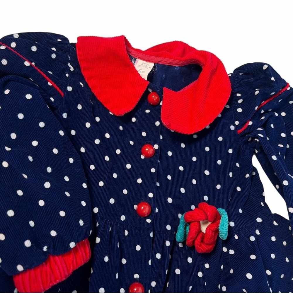 vintage girl's navy blue romper polka dots red collar Sz4 100% Cotton - Picture 2 of 9